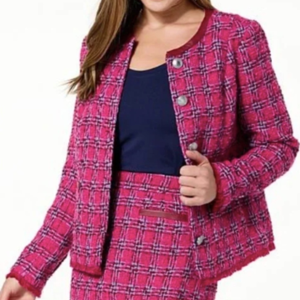 G by Giuliana NEW Black Label Tweed Academia Burgundy Faux Leather Trim Jacket S